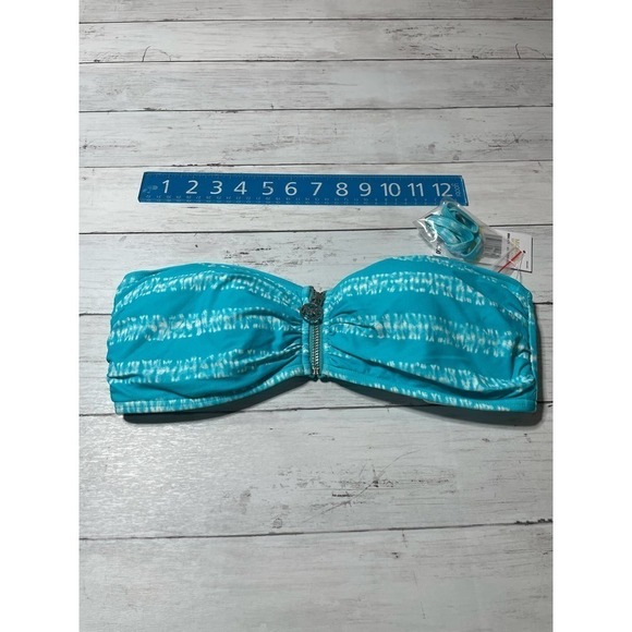 Michael Kors Women’s TURQUOISE Logo Zip-Front Bandeau Bikini Swim Top M blue - Picture 5 of 13